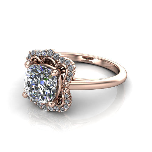 Heidi cushion vintage halo engagement ring in 14K Rose Gold, three-quarter perspective showing the center in a quatrefoil clover halo above a plain band