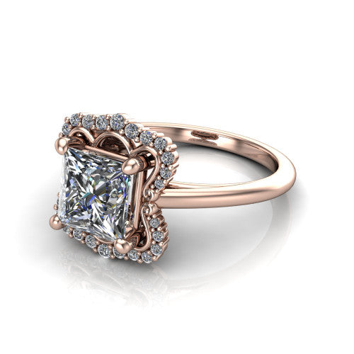 Heidi princess vintage halo engagement ring in 14K Rose Gold, three-quarter perspective showing the center in a quatrefoil clover halo above a plain band