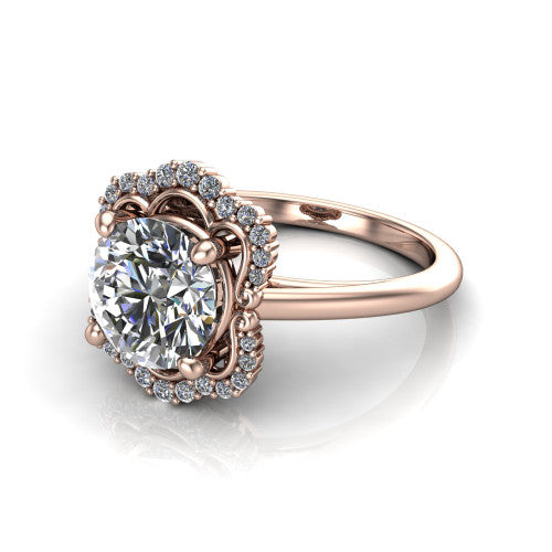 Heidi round vintage halo engagement ring in 14K Rose Gold, three-quarter perspective showing the center in a quatrefoil clover halo above a plain band