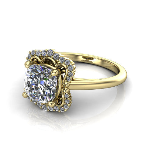 Heidi cushion vintage halo engagement ring in 18K Yellow Gold, three-quarter perspective showing the center in a quatrefoil clover halo above a plain band
