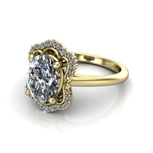 Heidi oval vintage halo engagement ring in 14K Yellow Gold, three-quarter perspective showing the center in a quatrefoil clover halo above a plain band
