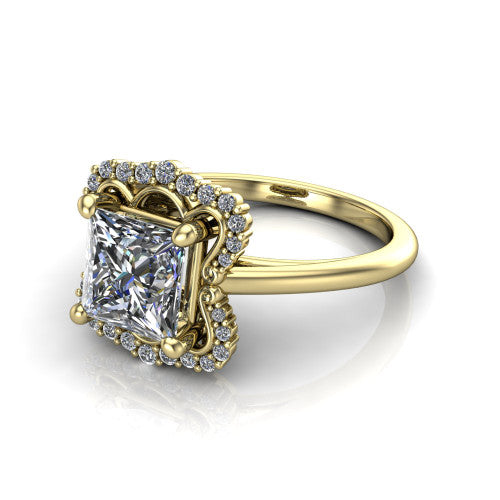 Heidi princess vintage halo engagement ring in 14K Yellow Gold, three-quarter perspective showing the center in a quatrefoil clover halo above a plain band
