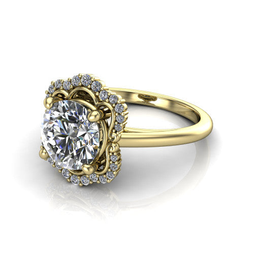 Heidi round vintage halo engagement ring in 14K Yellow Gold, three-quarter perspective showing the center in a quatrefoil clover halo above a plain band