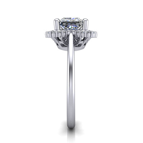 Heidi princess vintage halo engagement ring in Platinum, side profile showing the plain polished band and the vintage clover halo profile