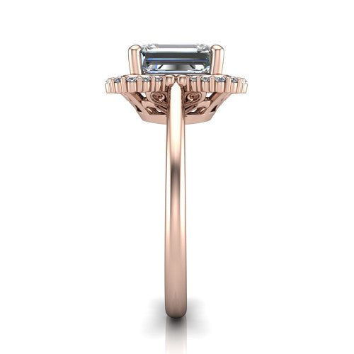 Heidi emerald vintage halo engagement ring in 14K Rose Gold, side profile showing the plain polished band and the vintage clover halo profile