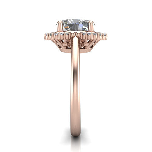 Heidi oval vintage halo engagement ring in 14K Rose Gold, side profile showing the plain polished band and the vintage clover halo profile
