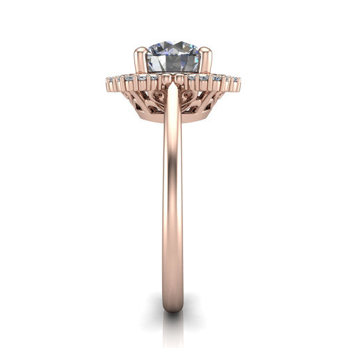 Heidi round vintage halo engagement ring in 14K Rose Gold, side profile showing the plain polished band and the vintage clover halo profile
