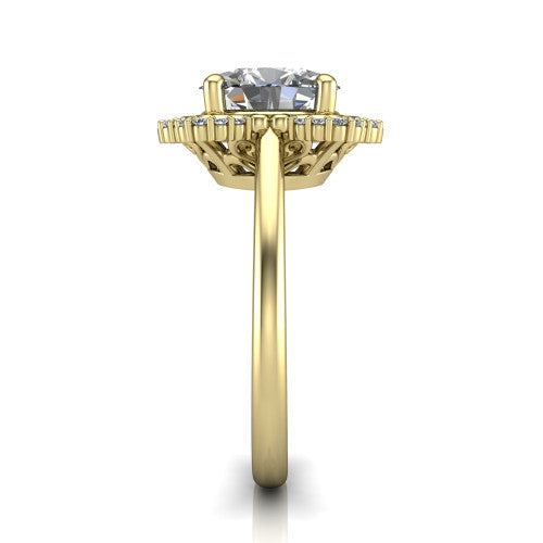 Heidi oval vintage halo engagement ring in 18K Yellow Gold, side profile showing the plain polished band and the vintage clover halo profile