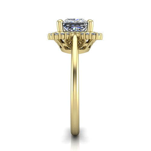 Heidi princess vintage halo engagement ring in 18K Yellow Gold, side profile showing the plain polished band and the vintage clover halo profile