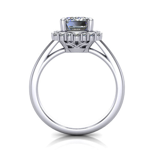 Heidi emerald vintage halo engagement ring in Platinum, through-finger front profile showing the clover halo head raised above the smooth band