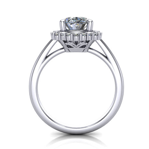 Heidi oval vintage halo engagement ring in Platinum, through-finger front profile showing the clover halo head raised above the smooth band