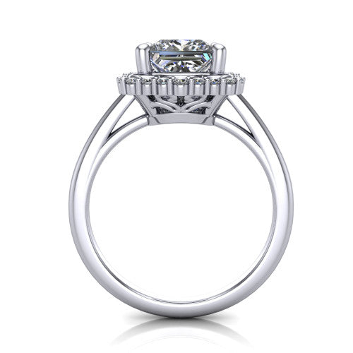 Heidi princess vintage halo engagement ring in Platinum, through-finger front profile showing the clover halo head raised above the smooth band