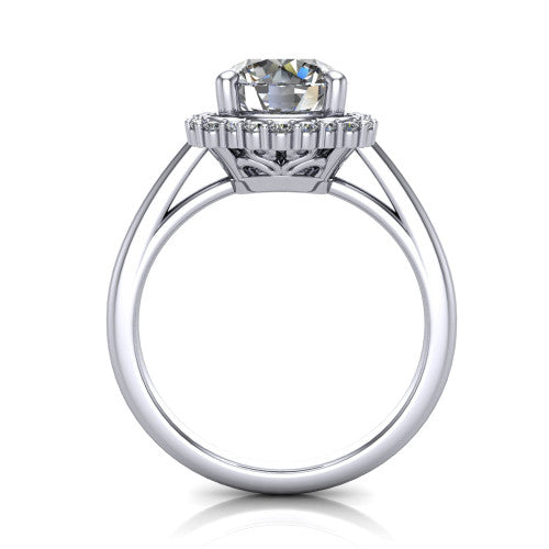 Heidi round vintage halo engagement ring in Platinum, through-finger front profile showing the clover halo head raised above the smooth band