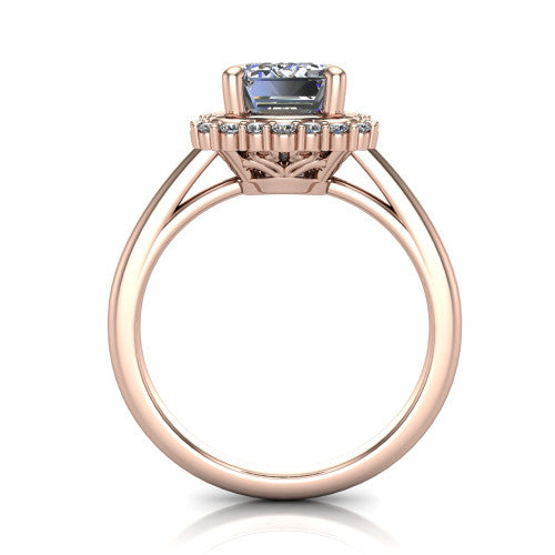 Heidi emerald vintage halo engagement ring in 14K Rose Gold, through-finger front profile showing the clover halo head raised above the smooth band