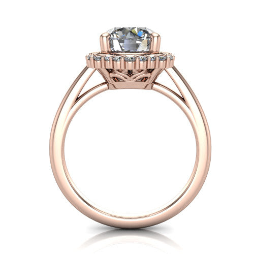 Heidi round vintage halo engagement ring in 14K Rose Gold, through-finger front profile showing the clover halo head raised above the smooth band