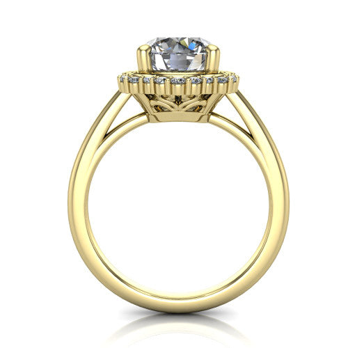 Heidi round vintage halo engagement ring in 18K Yellow Gold, through-finger front profile showing the clover halo head raised above the smooth band