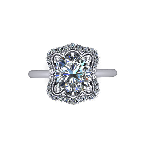 Heidi cushion vintage halo engagement ring in 18K White Gold, top-down view showing the four-lobed floral halo framing the center from above