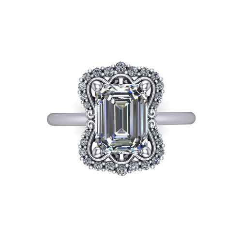 Heidi emerald vintage halo engagement ring in 14K White Gold, top-down view showing the four-lobed floral halo framing the center from above
