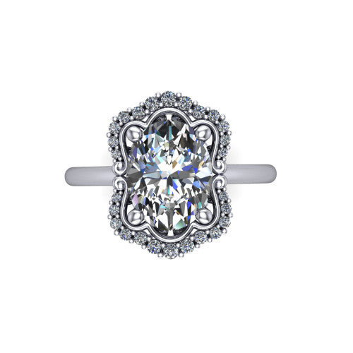 Heidi oval vintage halo engagement ring in 14K White Gold, top-down view showing the four-lobed floral halo framing the center from above