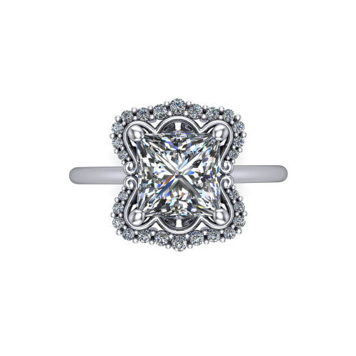 Heidi princess vintage halo engagement ring in Platinum, top-down view showing the four-lobed floral halo framing the center from above
