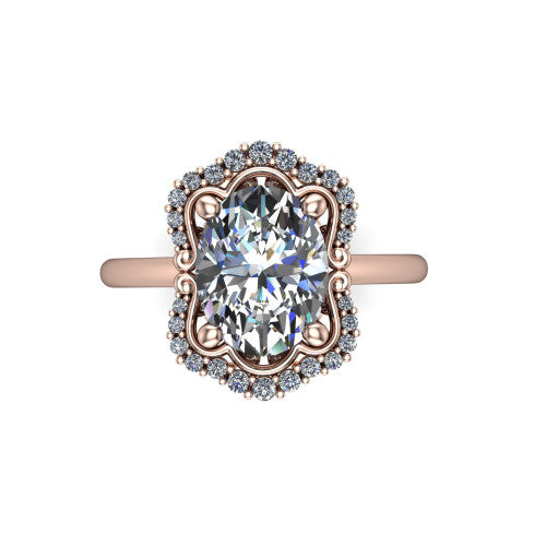 Heidi oval vintage halo engagement ring in 18K Rose Gold, top-down view showing the four-lobed floral halo framing the center from above
