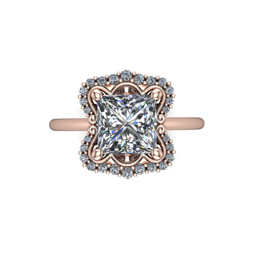 Heidi princess vintage halo engagement ring in 14K Rose Gold, top-down view showing the four-lobed floral halo framing the center from above