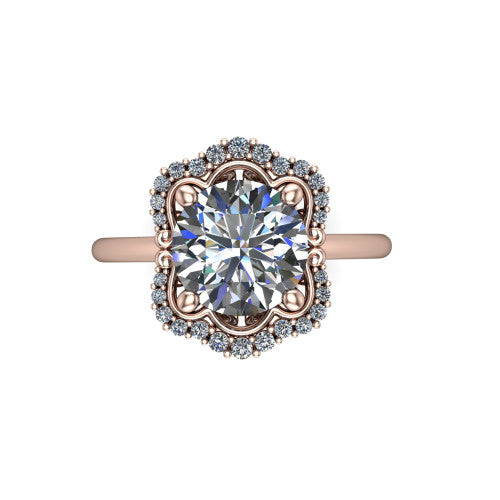 Heidi round vintage halo engagement ring in 14K Rose Gold, top-down view showing the four-lobed floral halo framing the center from above