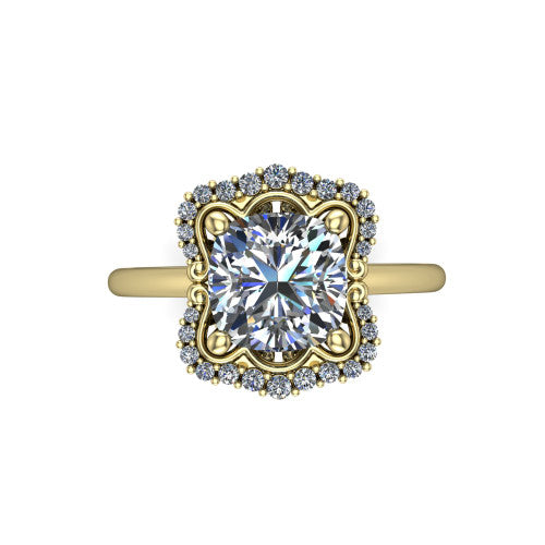 Heidi cushion vintage halo engagement ring in 18K Yellow Gold, top-down view showing the four-lobed floral halo framing the center from above