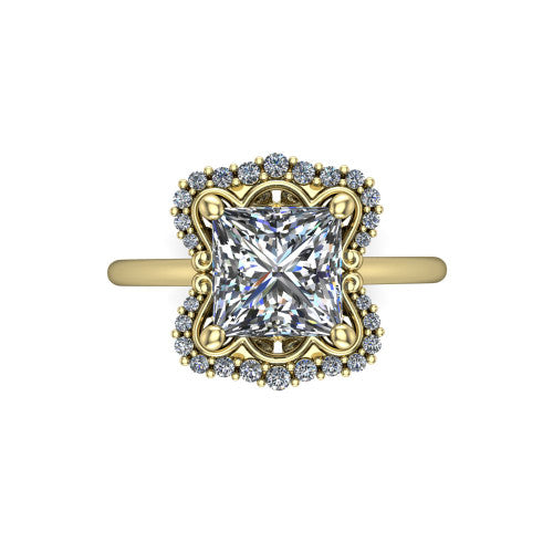 Heidi princess vintage halo engagement ring in 14K Yellow Gold, top-down view showing the four-lobed floral halo framing the center from above