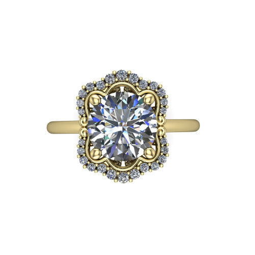 Heidi round vintage halo engagement ring in 18K Yellow Gold, top-down view showing the four-lobed floral halo framing the center from above