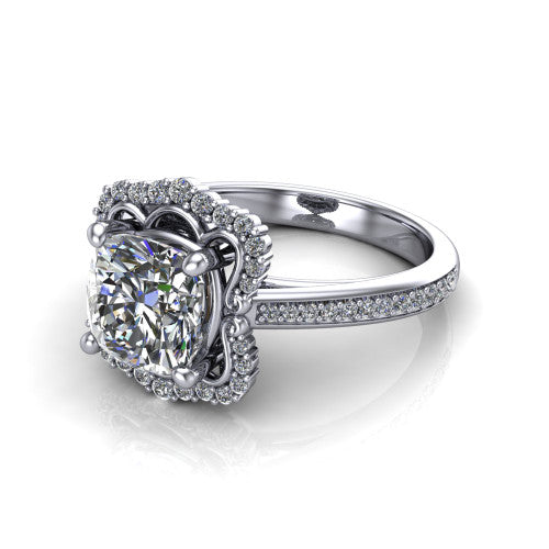 Madeleine cushion vintage halo engagement ring in 14K White Gold, three-quarter perspective showing the center in an ornate scalloped diamond halo above a pav&eacute; band