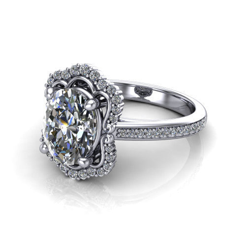 Madeleine oval vintage halo engagement ring in Platinum, three-quarter perspective showing the center in an ornate scalloped diamond halo above a pav&eacute; band
