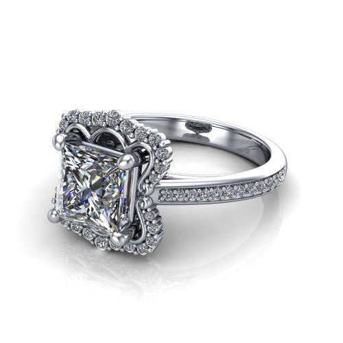 Madeleine princess vintage halo engagement ring in 14K White Gold, three-quarter perspective showing the center in an ornate scalloped diamond halo above a pav&eacute; band