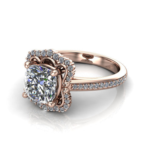 Madeleine cushion vintage halo engagement ring in 14K Rose Gold, three-quarter perspective showing the center in an ornate scalloped diamond halo above a pav&eacute; band