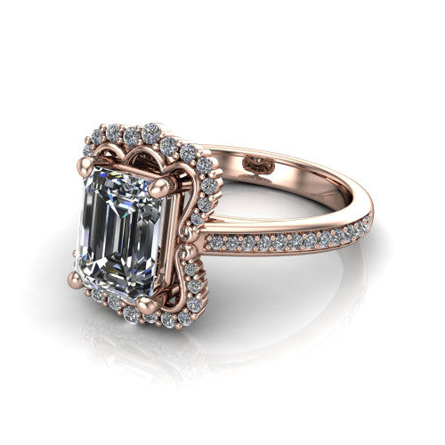 Madeleine emerald vintage halo engagement ring in 14K Rose Gold, three-quarter perspective showing the center in an ornate scalloped diamond halo above a pav&eacute; band