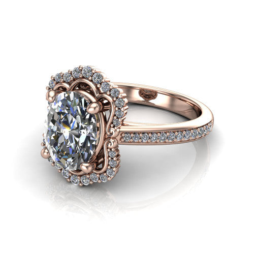 Madeleine oval vintage halo engagement ring in 14K Rose Gold, three-quarter perspective showing the center in an ornate scalloped diamond halo above a pav&eacute; band