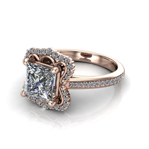 Madeleine princess vintage halo engagement ring in 14K Rose Gold, three-quarter perspective showing the center in an ornate scalloped diamond halo above a pav&eacute; band