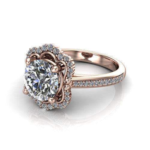 Madeleine round vintage halo engagement ring in 14K Rose Gold, three-quarter perspective showing the center in an ornate scalloped diamond halo above a pav&eacute; band