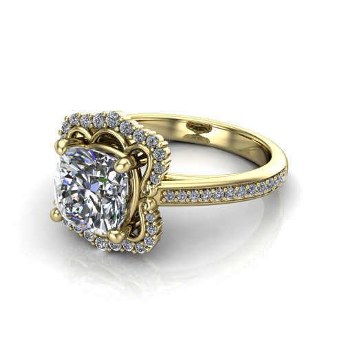 Madeleine cushion vintage halo engagement ring in 14K Yellow Gold, three-quarter perspective showing the center in an ornate scalloped diamond halo above a pav&eacute; band