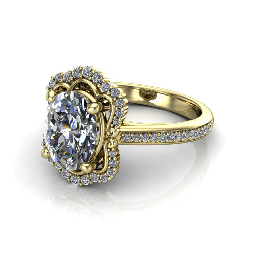 Madeleine oval vintage halo engagement ring in 18K Yellow Gold, three-quarter perspective showing the center in an ornate scalloped diamond halo above a pav&eacute; band