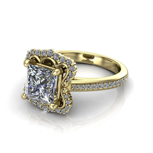 Madeleine princess vintage halo engagement ring in 14K Yellow Gold, three-quarter perspective showing the center in an ornate scalloped diamond halo above a pav&eacute; band