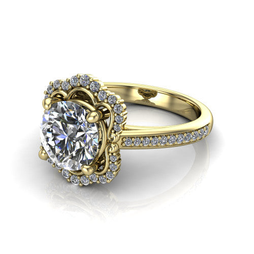 Madeleine round vintage halo engagement ring in 18K Yellow Gold, three-quarter perspective showing the center in an ornate scalloped diamond halo above a pav&eacute; band