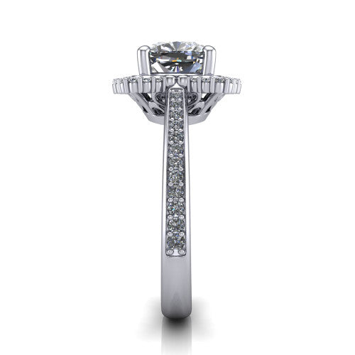 Madeleine cushion vintage halo engagement ring in 18K White Gold, side profile showing the pav&eacute; band and the vintage halo profile