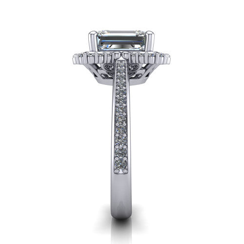 Madeleine emerald vintage halo engagement ring in 14K White Gold, side profile showing the pav&eacute; band and the vintage halo profile
