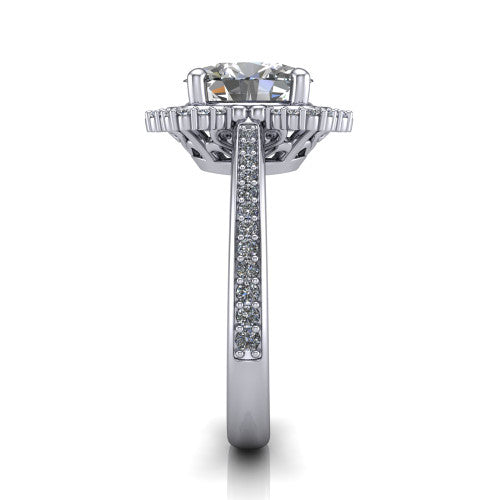 Madeleine oval vintage halo engagement ring in Platinum, side profile showing the pav&eacute; band and the vintage halo profile