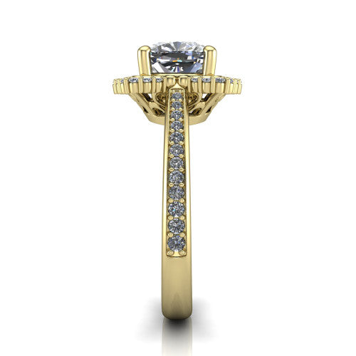 Madeleine cushion vintage halo engagement ring in 18K Yellow Gold, side profile showing the pav&eacute; band and the vintage halo profile
