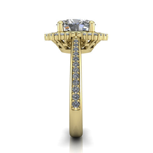 Madeleine oval vintage halo engagement ring in 18K Yellow Gold, side profile showing the pav&eacute; band and the vintage halo profile