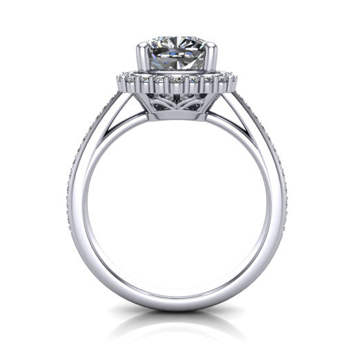 Madeleine cushion vintage halo engagement ring in Platinum, through-finger front profile showing the milgrain halo head raised above the pav&eacute; band