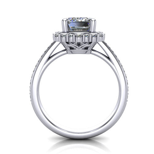 Madeleine emerald vintage halo engagement ring in Platinum, through-finger front profile showing the milgrain halo head raised above the pav&eacute; band