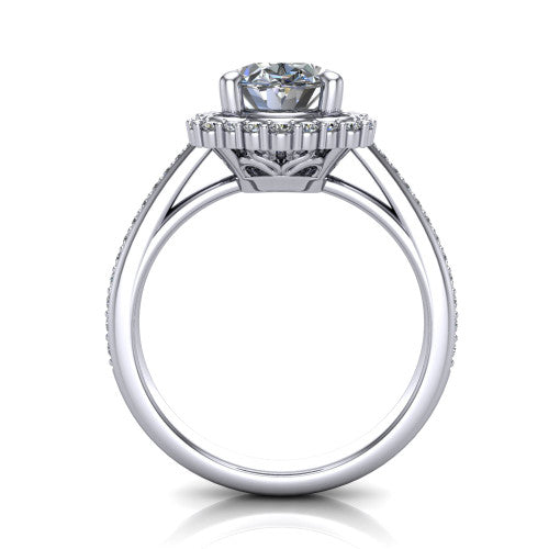Madeleine oval vintage halo engagement ring in 18K White Gold, through-finger front profile showing the milgrain halo head raised above the pav&eacute; band